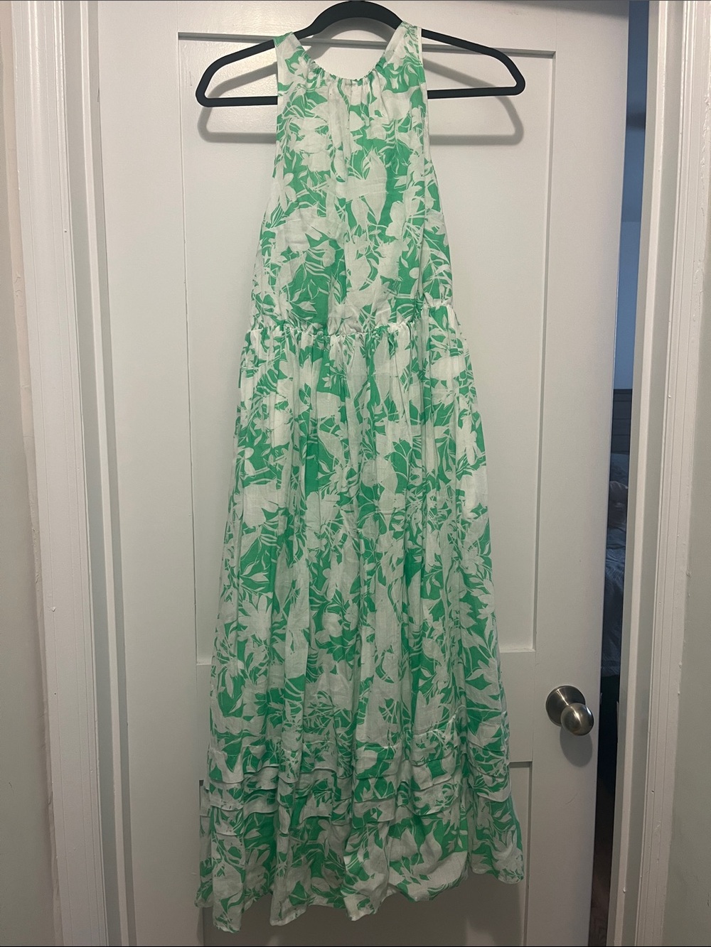 Nordstrom Caslon Green & White Floral Halter Tiered Maxi Dress